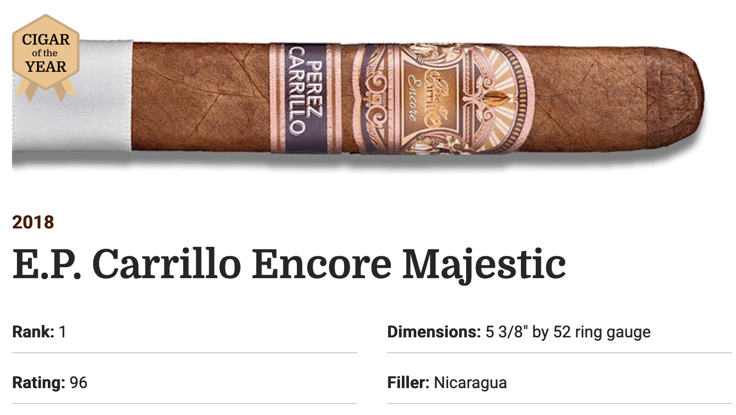 Le E.P. Carrillo Encore Majestic cigare de l'année 2018 dans Cigar Aficionado